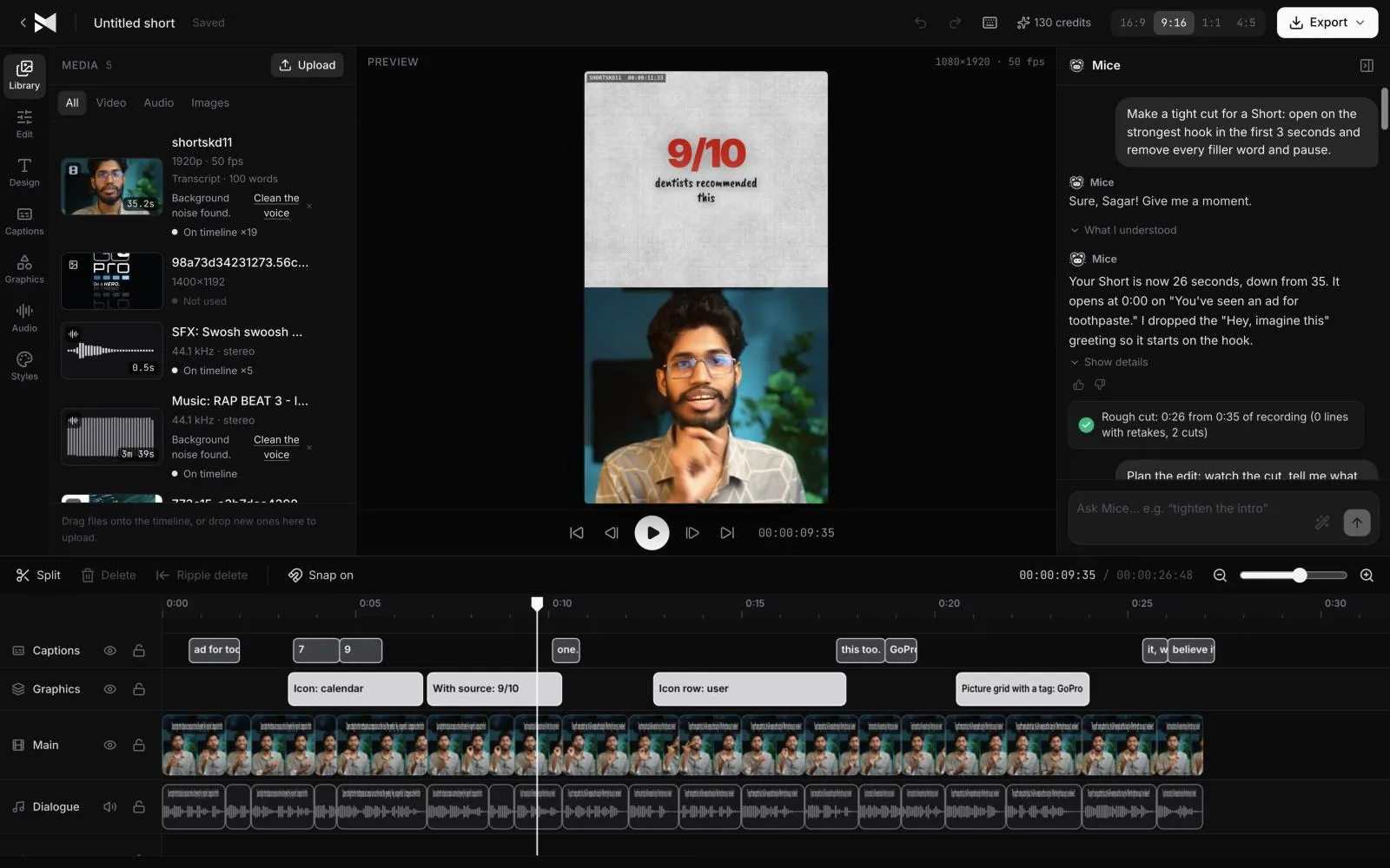 MirrorCut editor: asked to open a Short on the strongest hook and remove every filler word and pause, the agent replies that the cut is now 26 seconds, down from 35, and opens on the hook. The 9:16 preview, captions, graphics and the trimmed clip are on the timeline below.